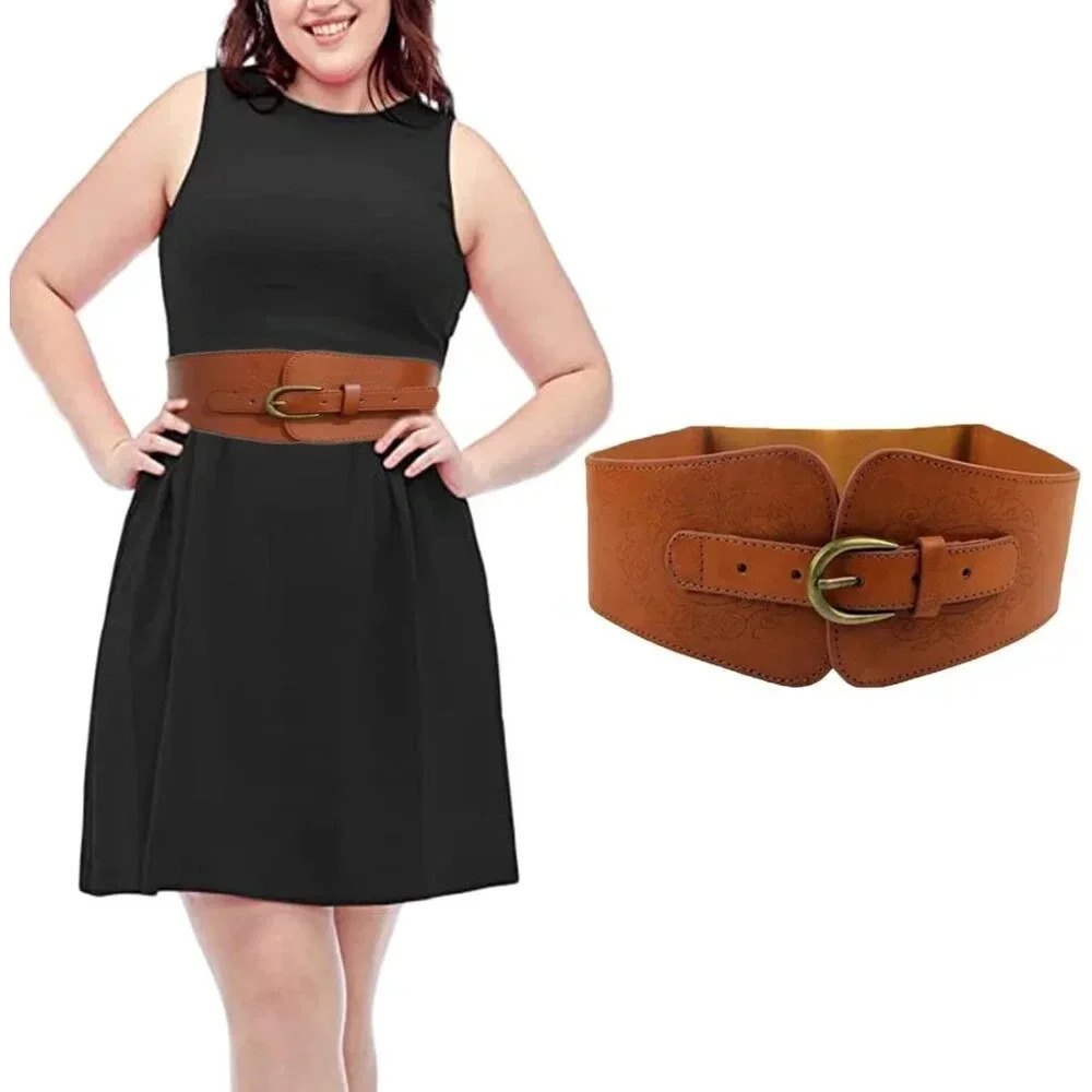❤Women Brown Leather PU Elastic Stretchy  Belt Print Retro Cinch Wide Waist Belt